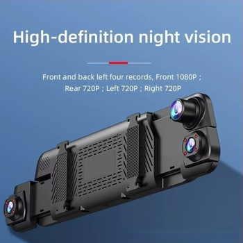 10 hüvelykes autós dash cam HD éjszakai látással, hátrafelé néző képpel és négycsatornás streaminggel a visszapillantó tükrön