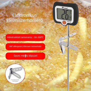 Digitális élelmiszerhőmérő sütéshez, 180°-os forgó szondával; nagy pontosságú víz-, tej-, krém- és olajhőmérséklet mérésére.