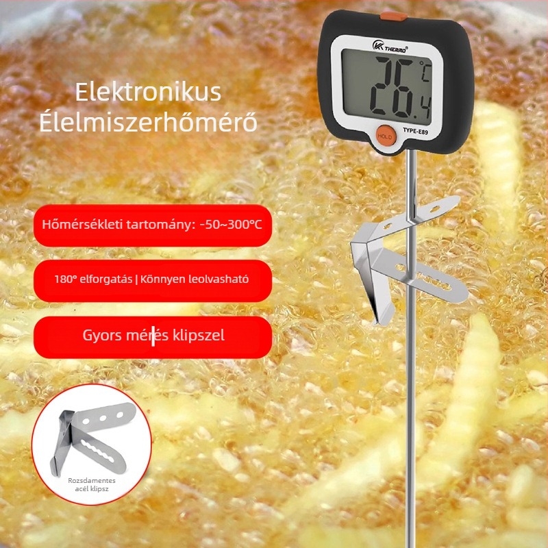 Digitális élelmiszerhőmérő sütéshez, 180°-os forgó szondával; nagy pontosságú víz-, tej-, krém- és olajhőmérséklet mérésére.