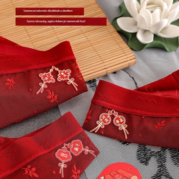 Lélegző, selymes satin csipkével készült magas derekú női bugyi, hímzett szerencse jel a születési évhez, ünnepi piros színű fehérnemű díszdobozban