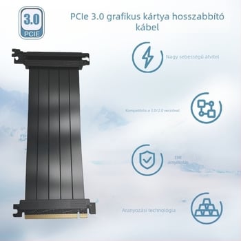 PCIe 3.0 x16 grafikus kártya hosszabbító kábel, ATX ház adapter, 90°-os, függőleges, 20 cm