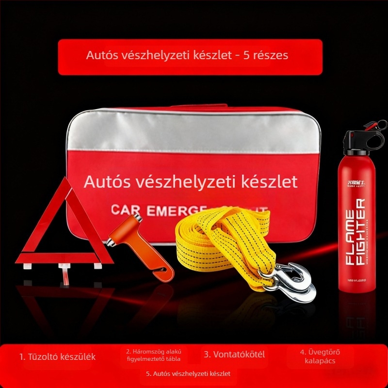 Autóvészhelyzeti készlet: járműhöz tartozó tűzoltó készülék, tűzoltó felszerelés, tároló táska és hordozható elsősegély-készlet