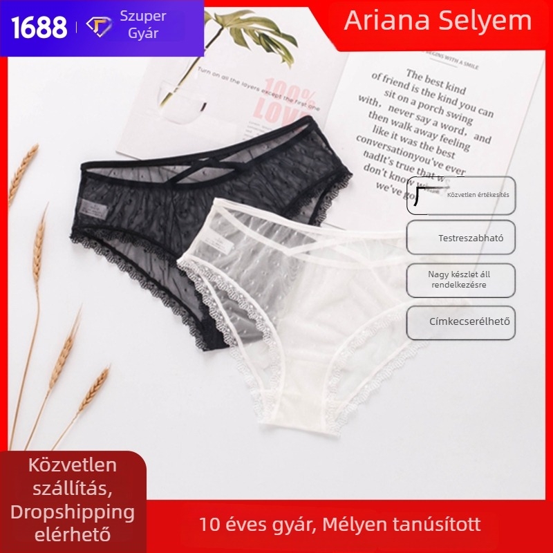 Nylon női alsónemű csipkével és hálós áttetsző panellel, varrás nélküli, alacsony derekú, pöttyös mintázat