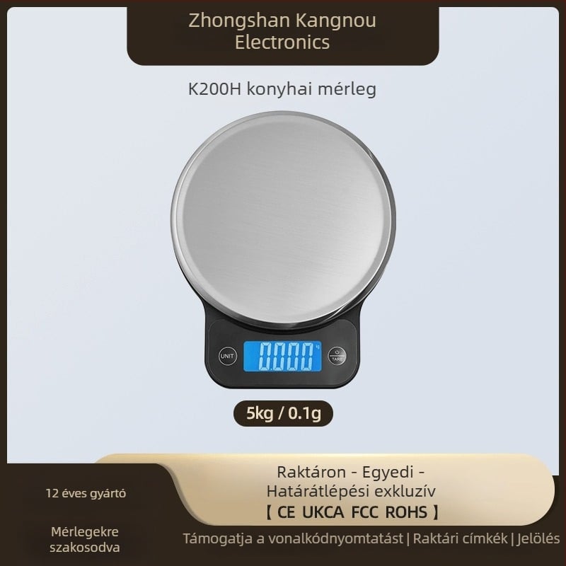 HEL K200H konyhai digitális mérleg, 5 kg kapacitás, 0,1 g pontosság, rozsdamentes acél