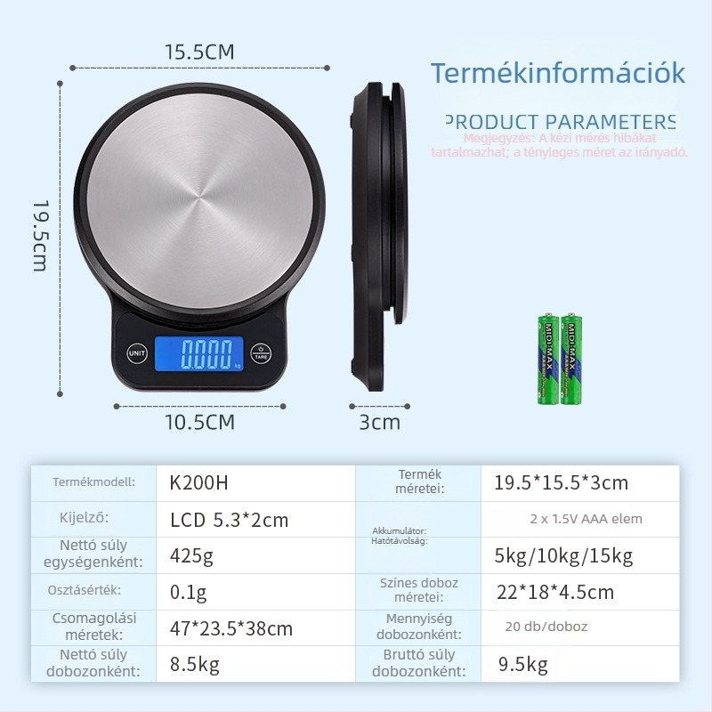 HEL K200H konyhai digitális mérleg, 5 kg kapacitás, 0,1 g pontosság, rozsdamentes acél
