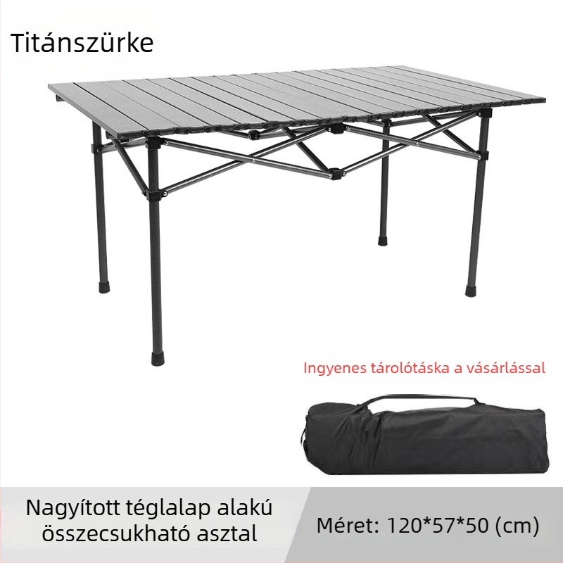 Kültéri összecsukható asztal és székek, hordozható Egg-Roll stílusú kempingasztal, vas ötvözetből, összecsukható