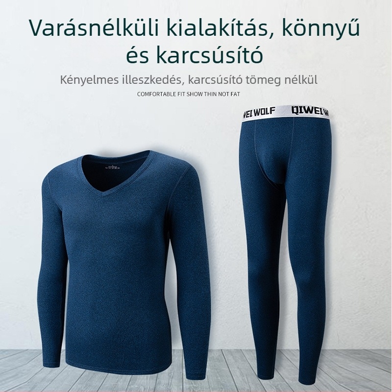Férfi kationos V-nyakú termo alsóruha készlet, légáteresztő, rugalmas, könnyű felső és alsó, bolyhos felület