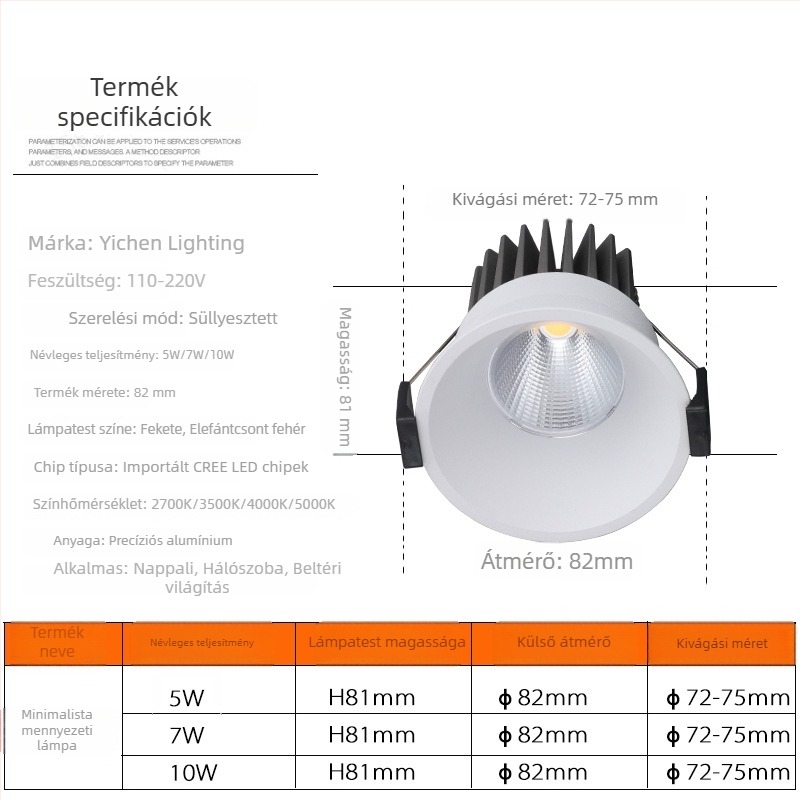 LED mély anti-glare beépített spotlámpa keskeny kerettel, COB mennyezeti lámpa nappalira és előszobába
