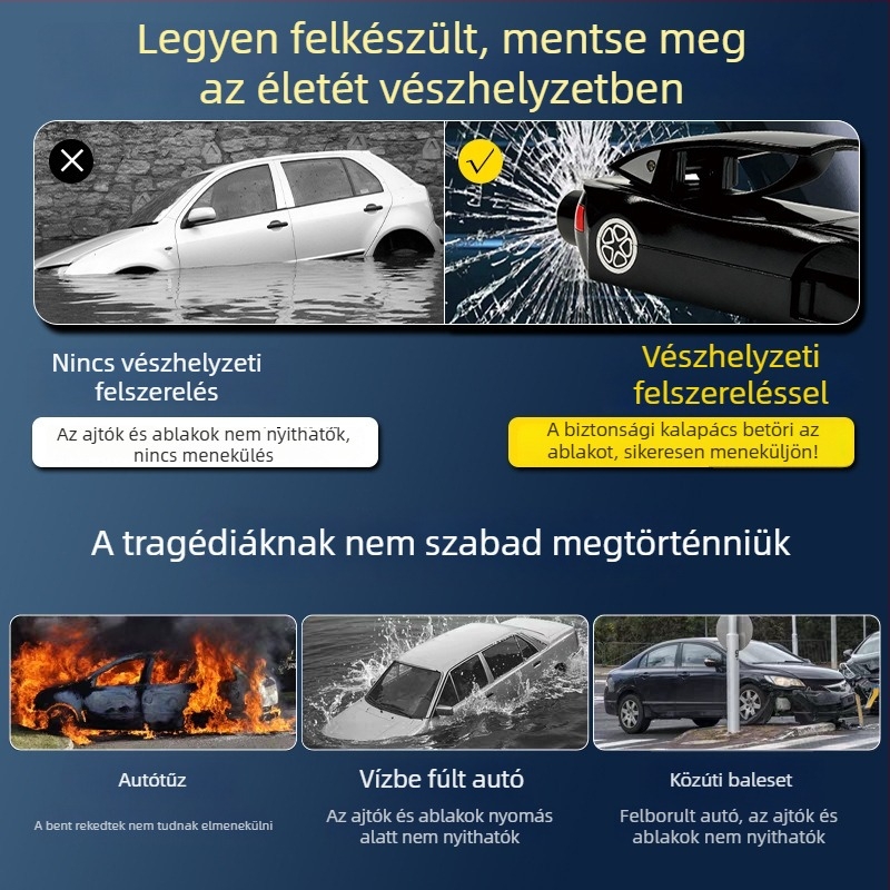 Autó-stílusú szemüvegklip biztonsági kalapáccsal és kötélvágóval — három az egyben, multifunkcionális