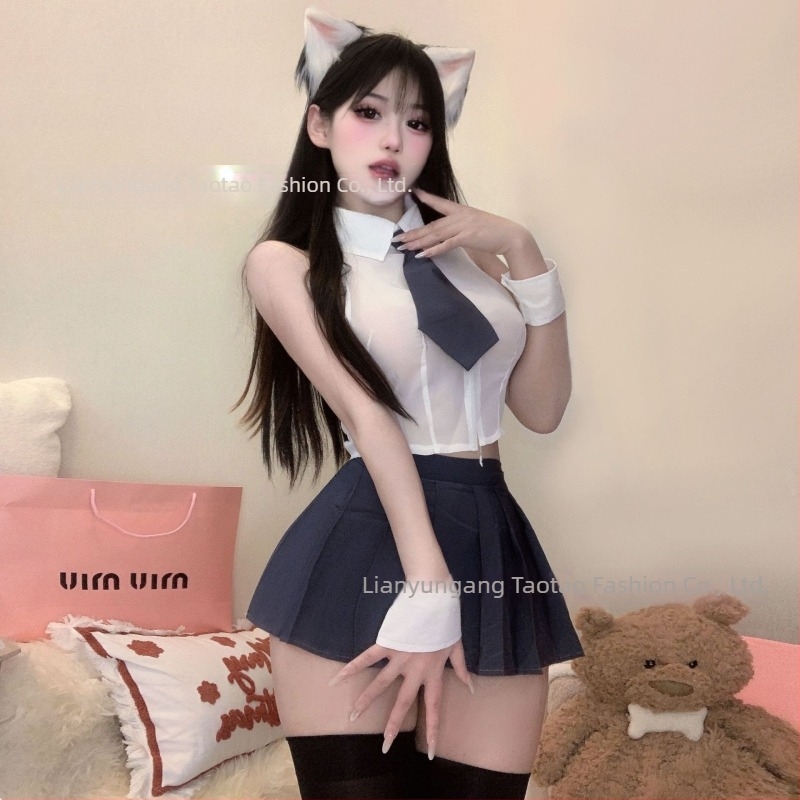 Szexi cosplay egyenruha: japán stílusú egyenruha, átlátszó blúz, titkárnő-stílusú megjelenés, JK rövid szoknya