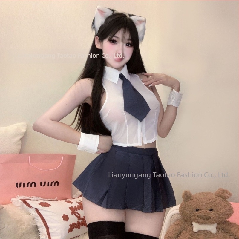 Szexi cosplay egyenruha: japán stílusú egyenruha, átlátszó blúz, titkárnő-stílusú megjelenés, JK rövid szoknya
