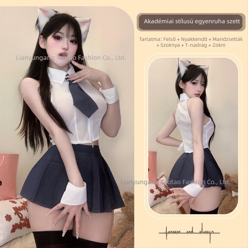 Szexi cosplay egyenruha: japán stílusú egyenruha, átlátszó blúz, titkárnő-stílusú megjelenés, JK rövid szoknya
