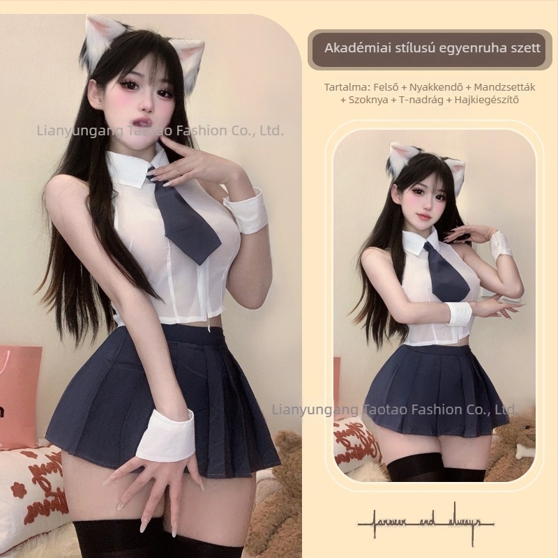 Szexi cosplay egyenruha: japán stílusú egyenruha, átlátszó blúz, titkárnő-stílusú megjelenés, JK rövid szoknya