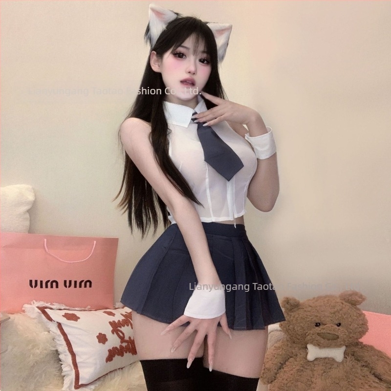Szexi cosplay egyenruha: japán stílusú egyenruha, átlátszó blúz, titkárnő-stílusú megjelenés, JK rövid szoknya