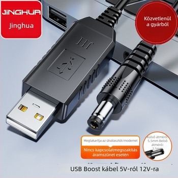 Jinghua USB Boost kábel, 5V-ról 12V-ra, 1A, kerek véggel 5,5×2,5 mm, 1 m – vészhelyzeti tápegység routerhez és ONT‑hoz