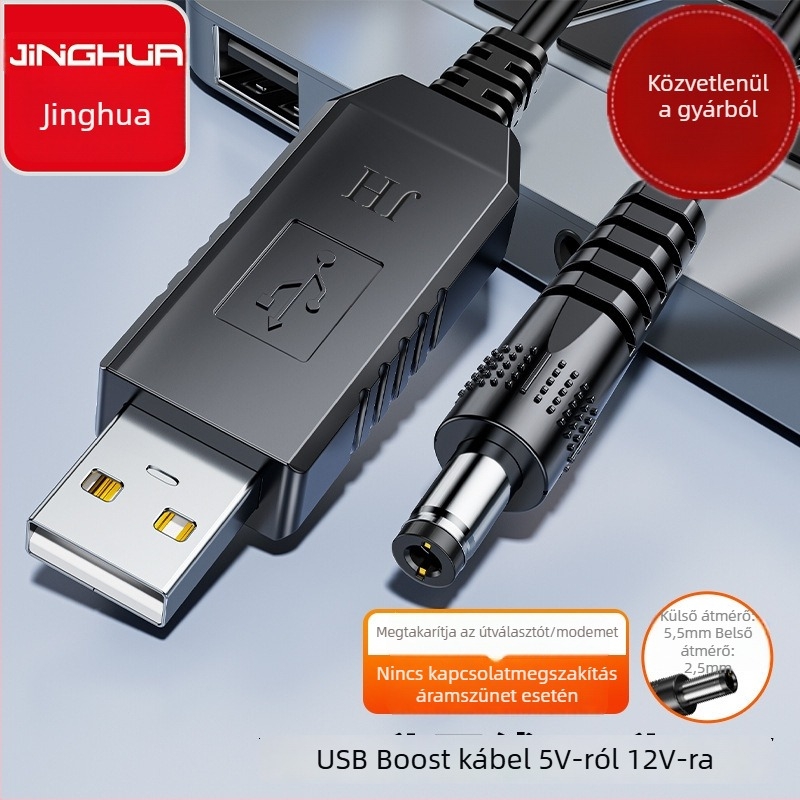 Jinghua USB Boost kábel, 5V-ról 12V-ra, 1A, kerek véggel 5,5×2,5 mm, 1 m – vészhelyzeti tápegység routerhez és ONT‑hoz