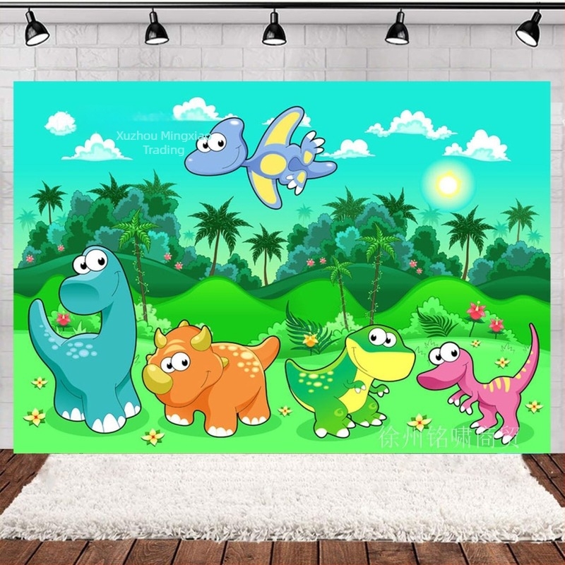 Rajzfilmszerű dinoszaurusz háttér gyerekek születésnapi fotózásához – vinil, méretei 125x80 cm és 150x100 cm