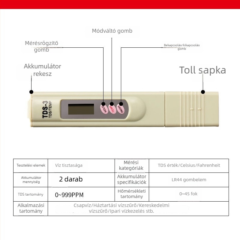 Hordozható vízminőség-ellenőrző készlet TDS tollal, elektrolizálóval és vízminőség-ellenőrző eszközzel, európai csatlakozóval