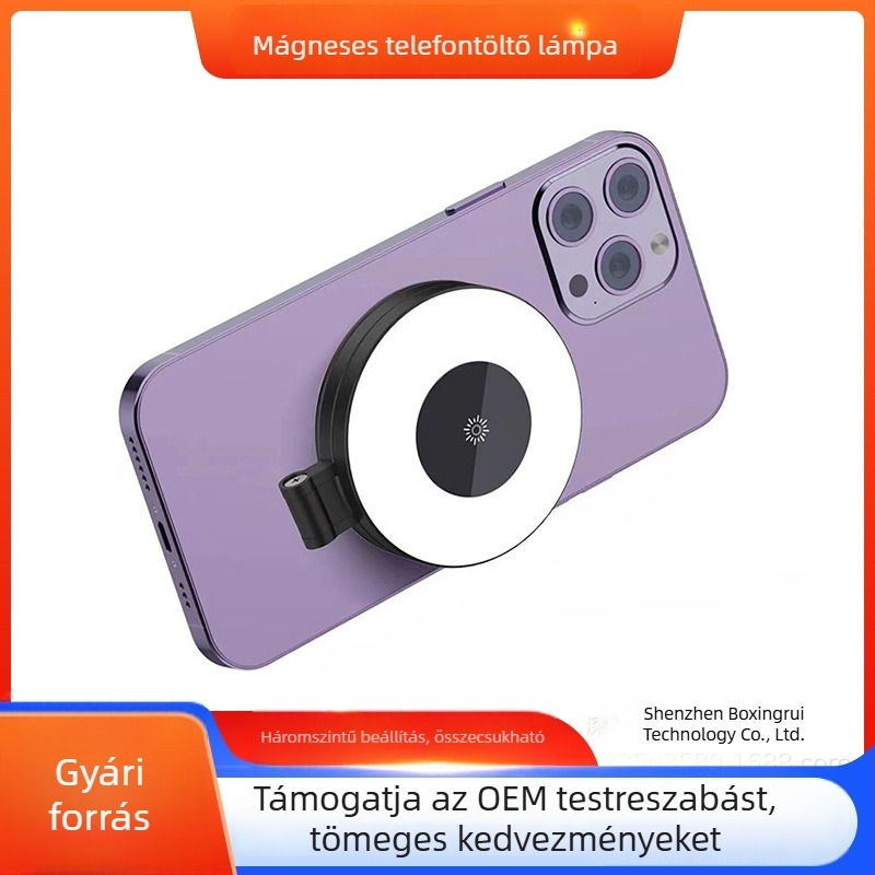 LED mini mágneses állítható világító lámpa telefonos pótló fényfotózáshoz, három fényerőszinttel, kompatibilis telefonállványokkal.