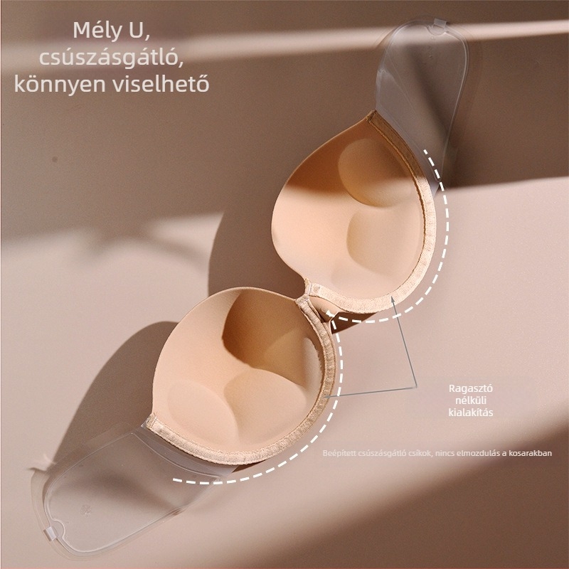 Melltartó vállpánt nélküli, push-up, csúszásmentes, mély V dekoltázs, 3/4 kosár, bandeau stílus