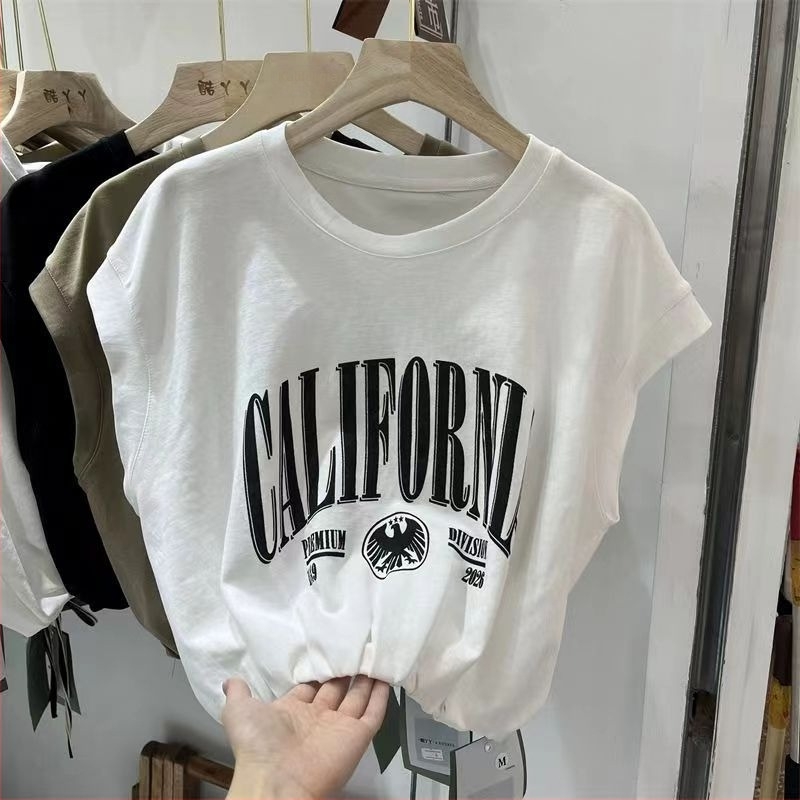 Női ujjatlan betűmintás T-shirt, rövid derekú, laza szabás, kerek nyakú, nyári felső