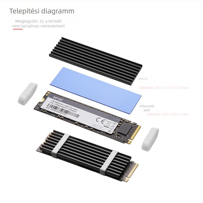 Alumínium M.2 NVMe SSD hűtő 2280-hoz, hővezető pasztával és csavarokkal