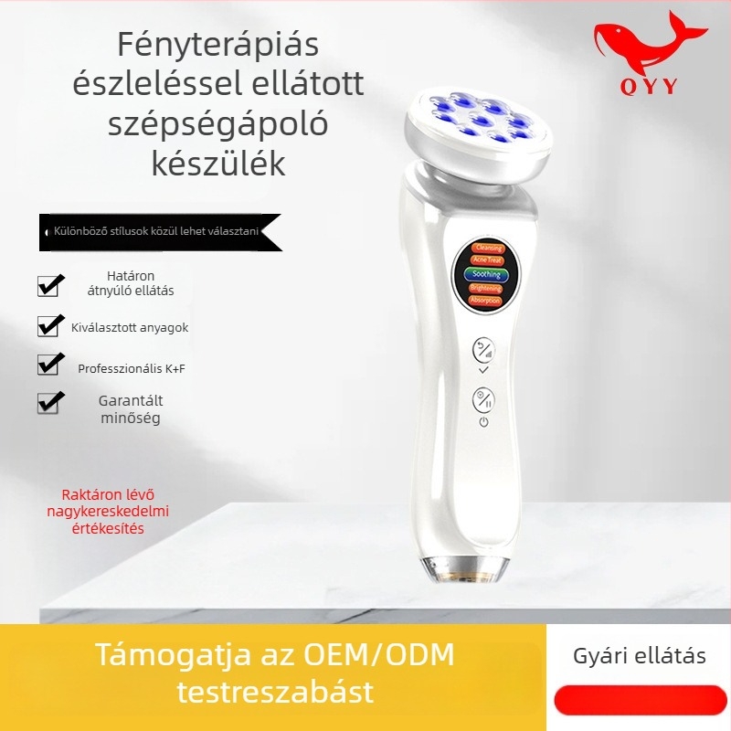 Otthoni arcápoló készülék nyugtató masszázzsal, ionterápiával, ultrahangos fényterápiával és nedvességmérő funkcióval