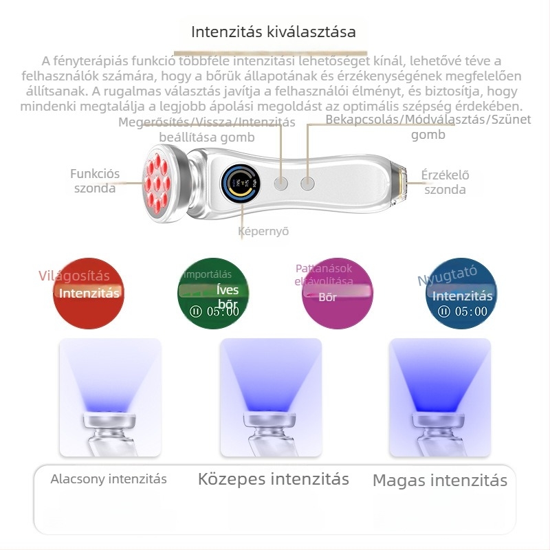 Otthoni arcápoló készülék nyugtató masszázzsal, ionterápiával, ultrahangos fényterápiával és nedvességmérő funkcióval