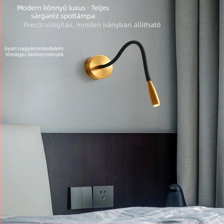 Moderne luxus LED fali lámpa rugalmas csővel és réz felülettel, ideális hálószobai olvasáshoz