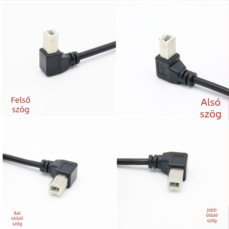 USB 2.0 nyomtató adatkábel, 90°-os hajlítás, USB-A négyzetes csatlakozó, réz árnyékolás, hossz 0.3/0.5/1 m
