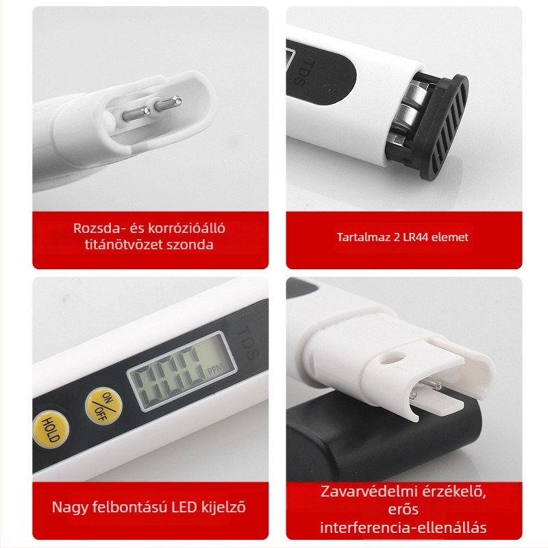Háztartási TDS vízteszter csapvízhez – hordozható vízminőség-mérő toll (0–9990 ppm, 3V)
