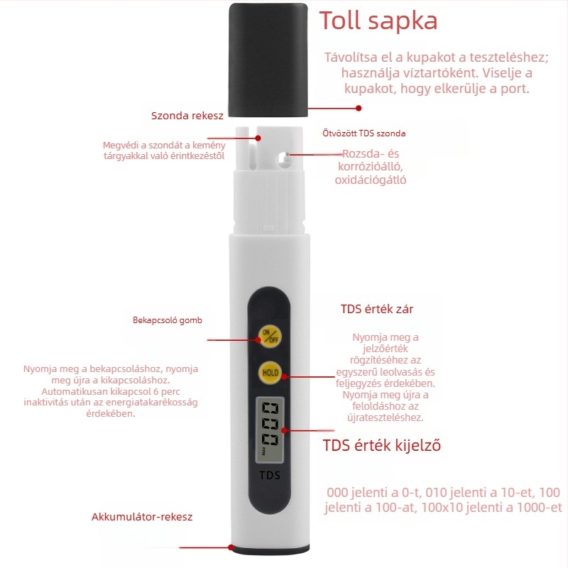 Háztartási TDS vízteszter csapvízhez – hordozható vízminőség-mérő toll (0–9990 ppm, 3V)
