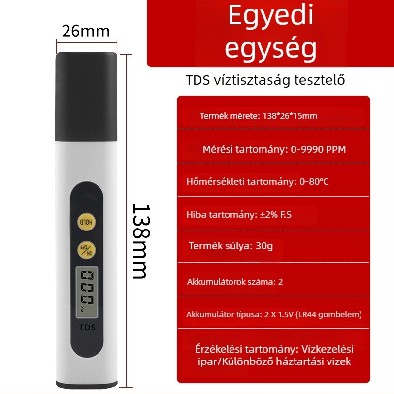 Háztartási TDS vízteszter csapvízhez – hordozható vízminőség-mérő toll (0–9990 ppm, 3V)
