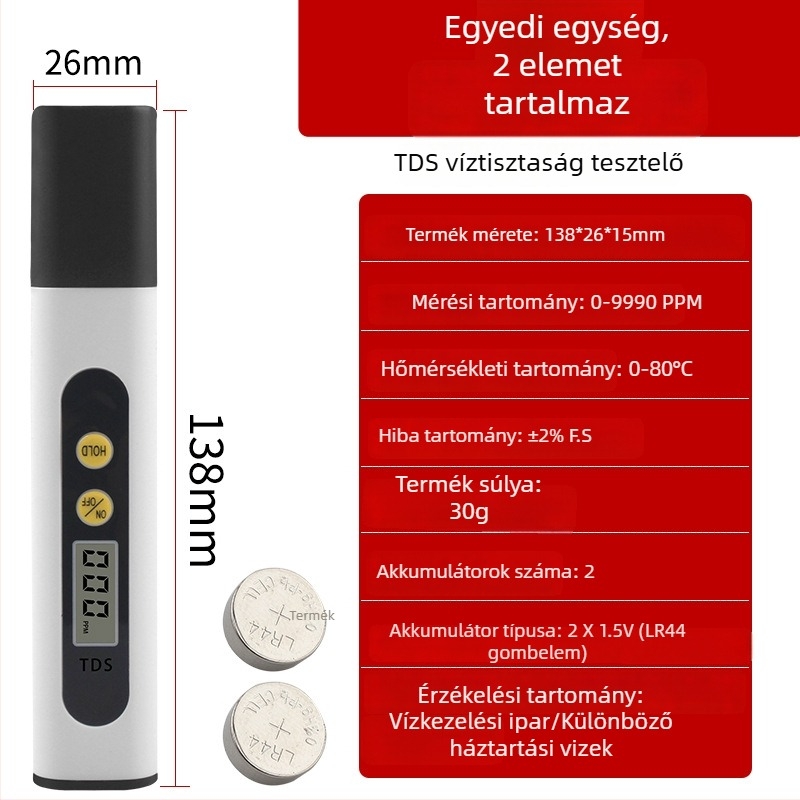 Háztartási TDS vízteszter csapvízhez – hordozható vízminőség-mérő toll (0–9990 ppm, 3V)