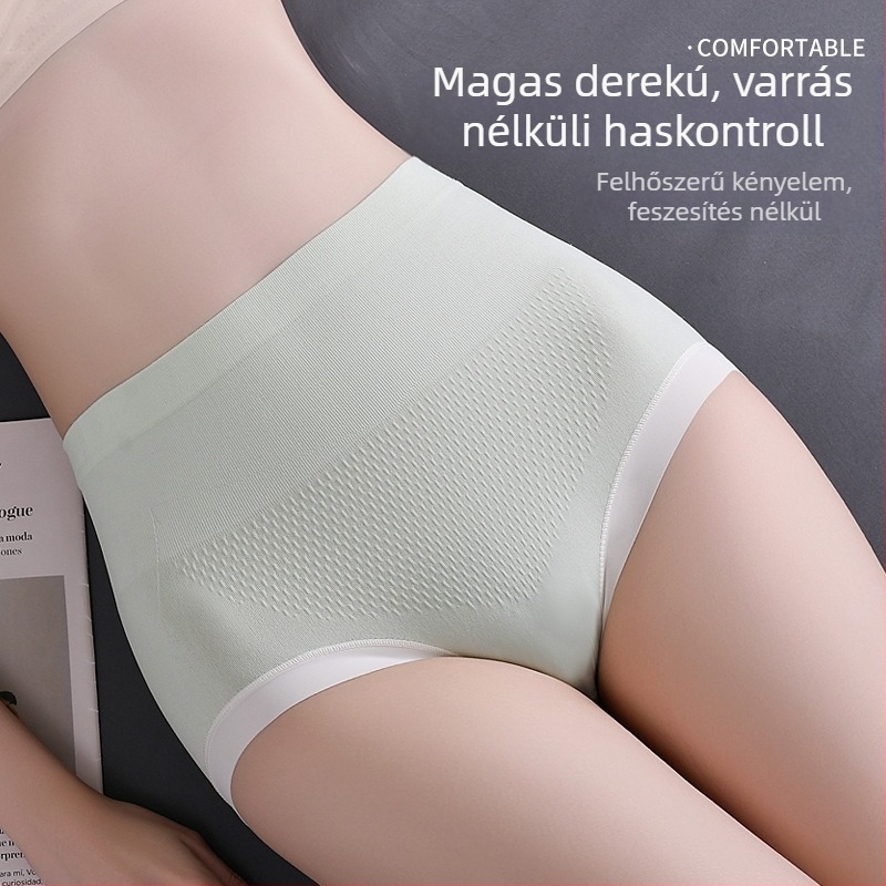 Varrat nélküli, magas derekú női alsónemű, pamut ágyékkal, 100% pamut, nagy rugalmasság, kényelmes és lélegző, hasformázó és fenékemelő, háromszög fazonú