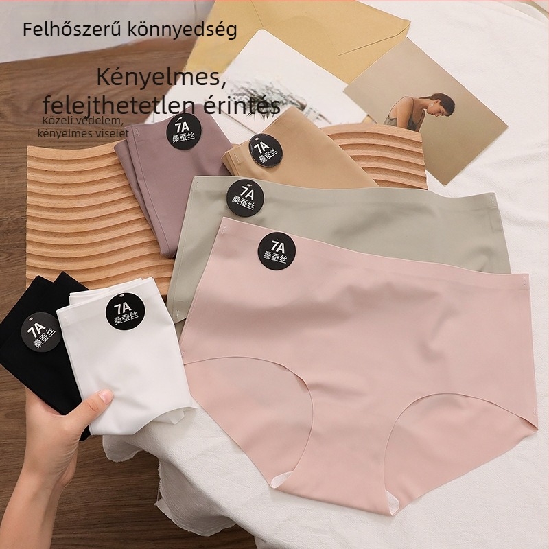Női Ice Silk középmagasságú, varrás nélküli bugyi, puha, bőrbarát és antibakteriális, belső 7A selyem réteg
