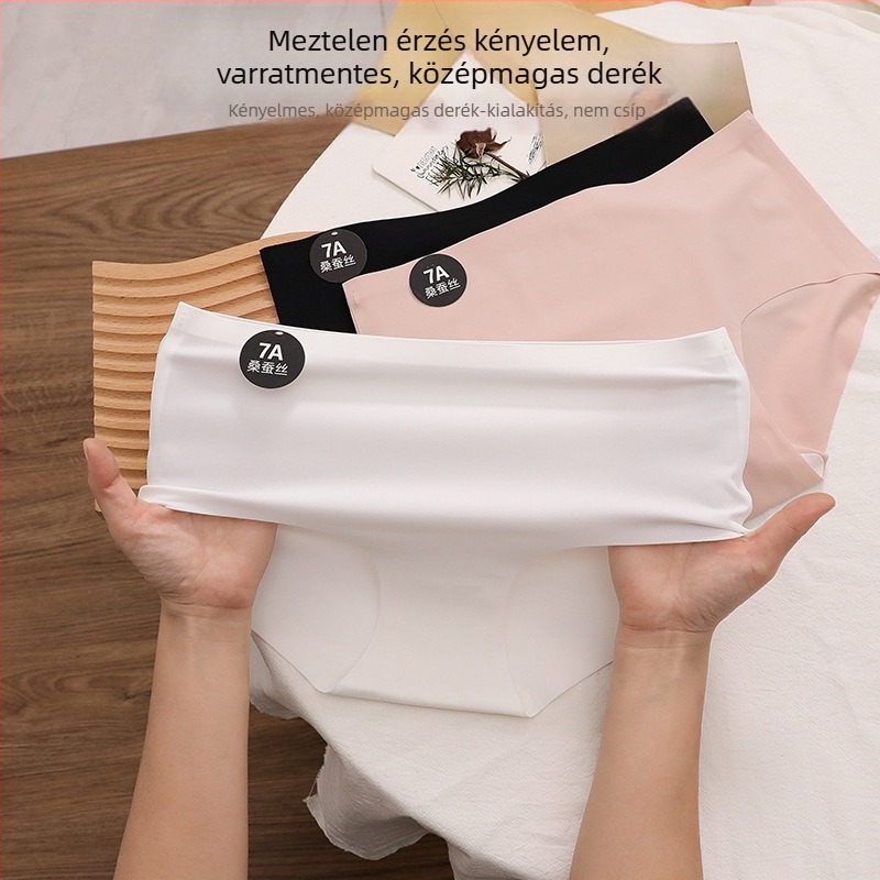 Női Ice Silk középmagasságú, varrás nélküli bugyi, puha, bőrbarát és antibakteriális, belső 7A selyem réteg