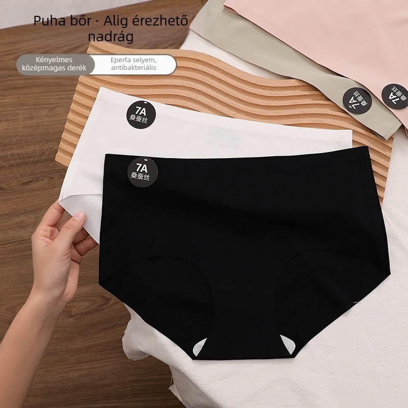 Női Ice Silk középmagasságú, varrás nélküli bugyi, puha, bőrbarát és antibakteriális, belső 7A selyem réteg
