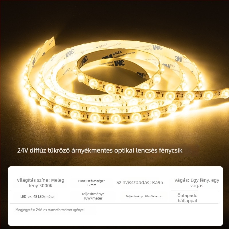 LED lineáris fénycsík diffúz optikai visszaverődéssel, 24V, önragasztó, mennyezeti lámpatestekhez lencsével