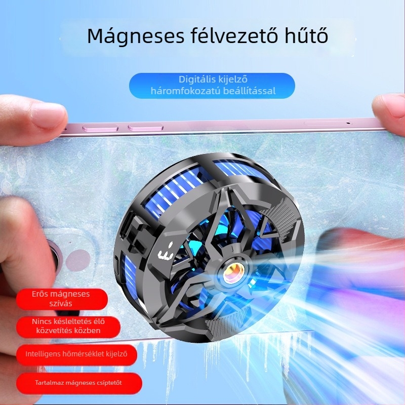 Mágneses csíptetős telefonhűtő alacsony zajú félvezető hűtéssel, digitális kijelzővel, szabályozható üzemmódokkal, hátoldali rögzítővel élő közvetítéshez