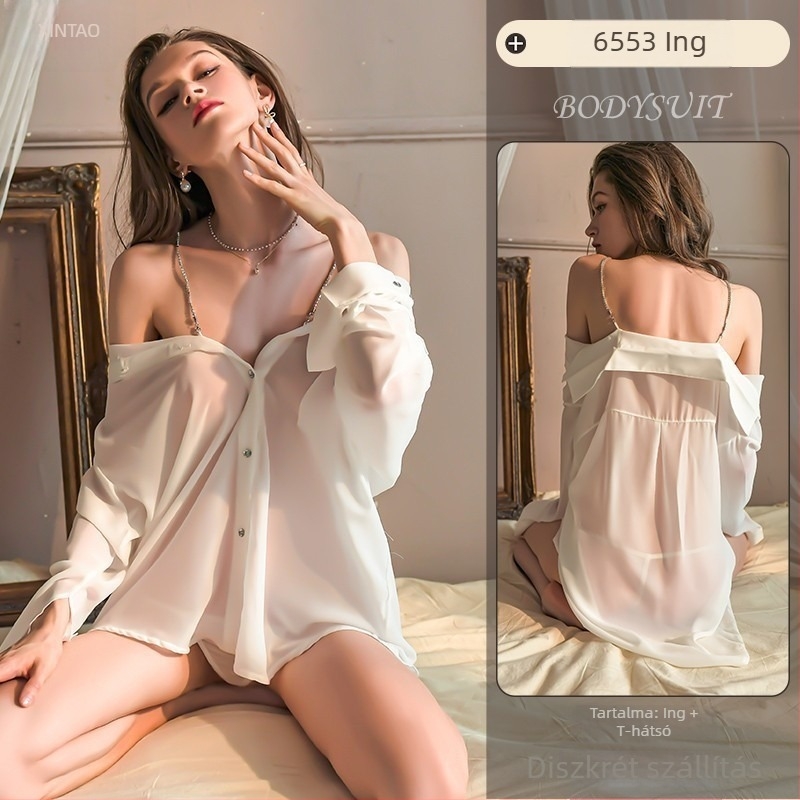 Szexi női fehérnemű, pántos ruha, boyfriend-stílusú fehér ing, átlátszó pizsama szett, csábító és flörtölő