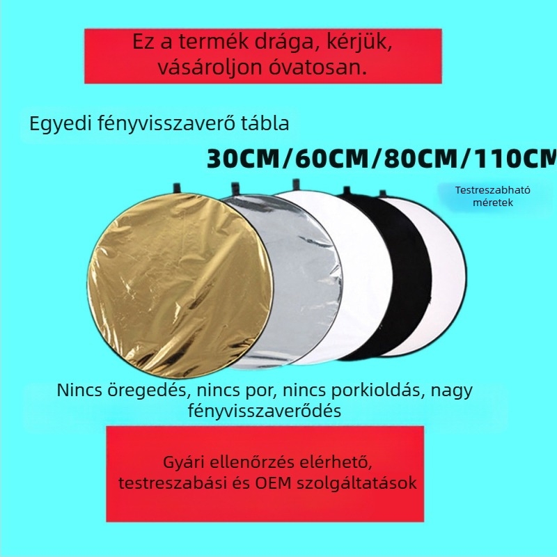 Öt-in-egy összecsukható reflektor fotózáshoz, méretek 60/80/110 cm, arany, ezüst, fehér, fekete, lágy fény diffúziós panellel.