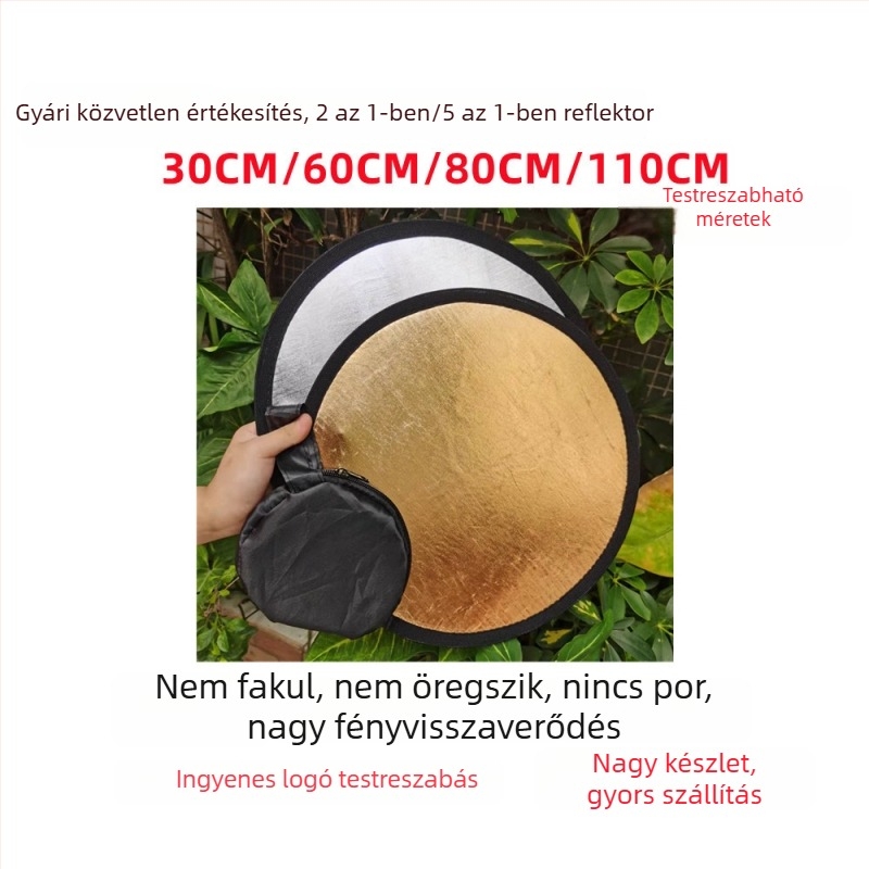 Öt-in-egy összecsukható reflektor fotózáshoz, méretek 60/80/110 cm, arany, ezüst, fehér, fekete, lágy fény diffúziós panellel.