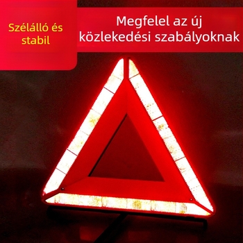 Autóvészhelyzeti háromszög reflektív állvánnyal, összecsukható tűzoltó készülékkel és éjszakai fényű biztonsági készlettel