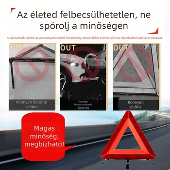 Autóvészhelyzeti háromszög reflektív állvánnyal, összecsukható tűzoltó készülékkel és éjszakai fényű biztonsági készlettel