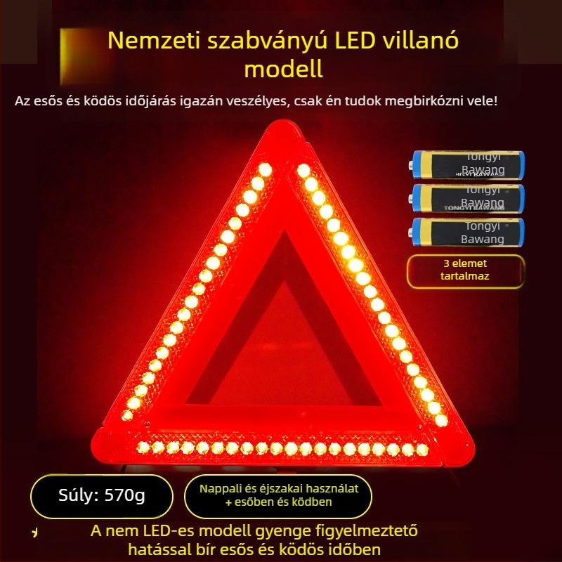 Autóvészhelyzeti háromszög reflektív állvánnyal, összecsukható tűzoltó készülékkel és éjszakai fényű biztonsági készlettel