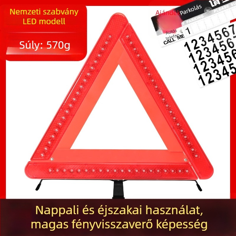 Autóvészhelyzeti háromszög reflektív állvánnyal, összecsukható tűzoltó készülékkel és éjszakai fényű biztonsági készlettel