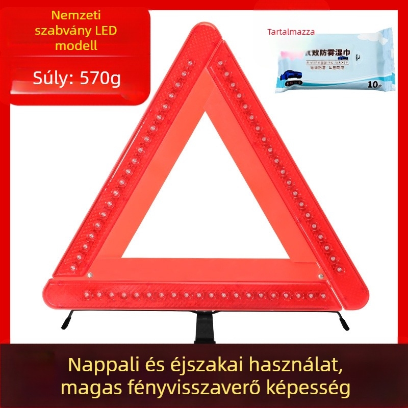 Autóvészhelyzeti háromszög reflektív állvánnyal, összecsukható tűzoltó készülékkel és éjszakai fényű biztonsági készlettel