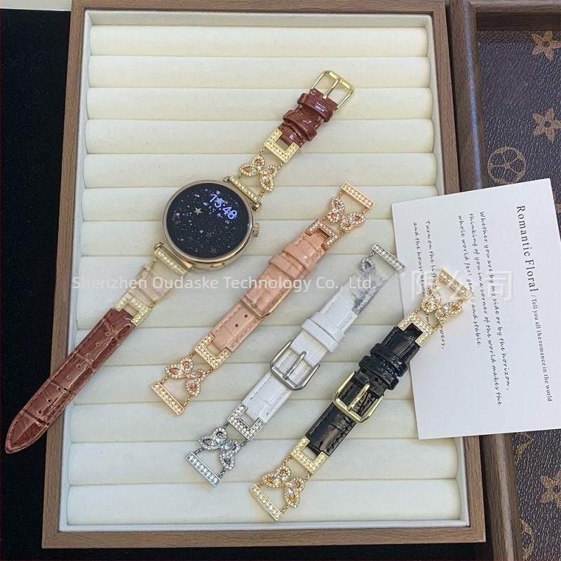 Huawei Watch GT szíj krokodil mintázatú, pillangó-diamant díszítés, 18/20/22 mm