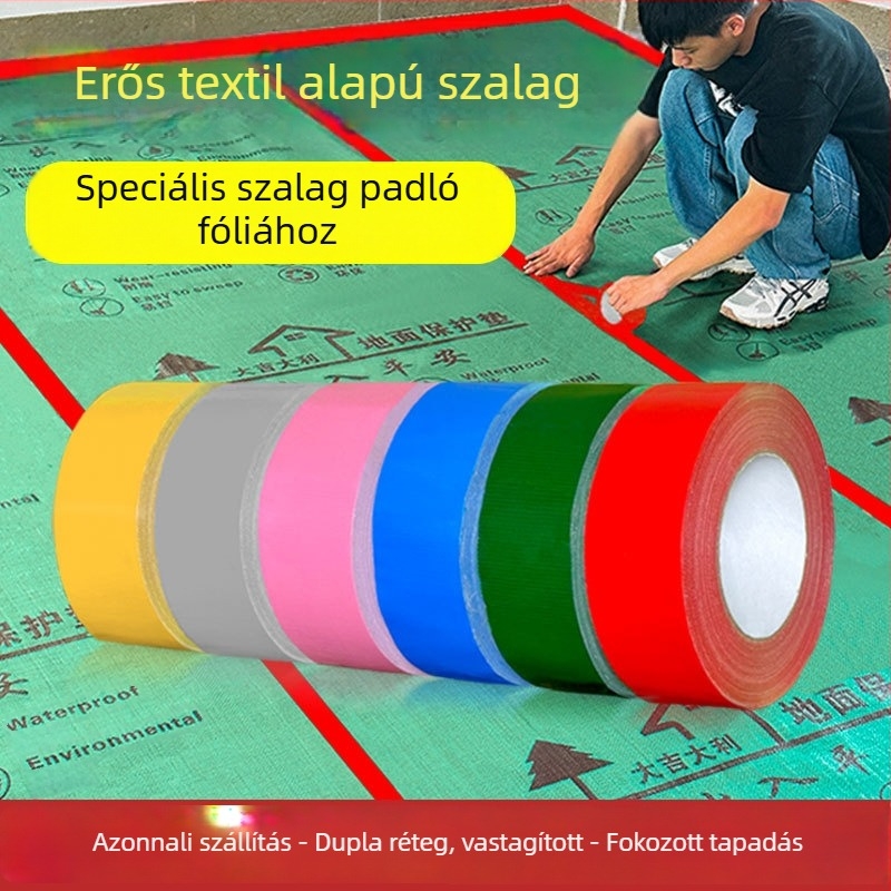 Kétoldalas textile alapú padlóvédő szalag, vízálló ragasztóval, fényvisszaverő figyelmeztető jelleggel, magas tapadással, dekorációs padlókhoz